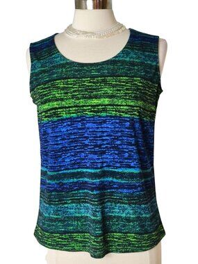 Alison Daley S Sleeveless Knit Tank Top Blue Green Striped Boho Coquette Office